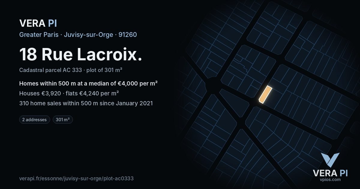 18 Rue Lacroix, Juvisy-sur-Orge at night – the plot lit, the parcels around coloured by the prices near them