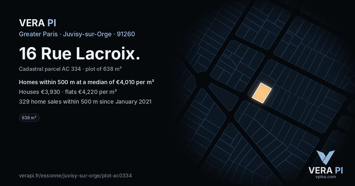 16 Rue Lacroix, Juvisy-sur-Orge at night – the plot lit, the parcels around coloured by the prices near them