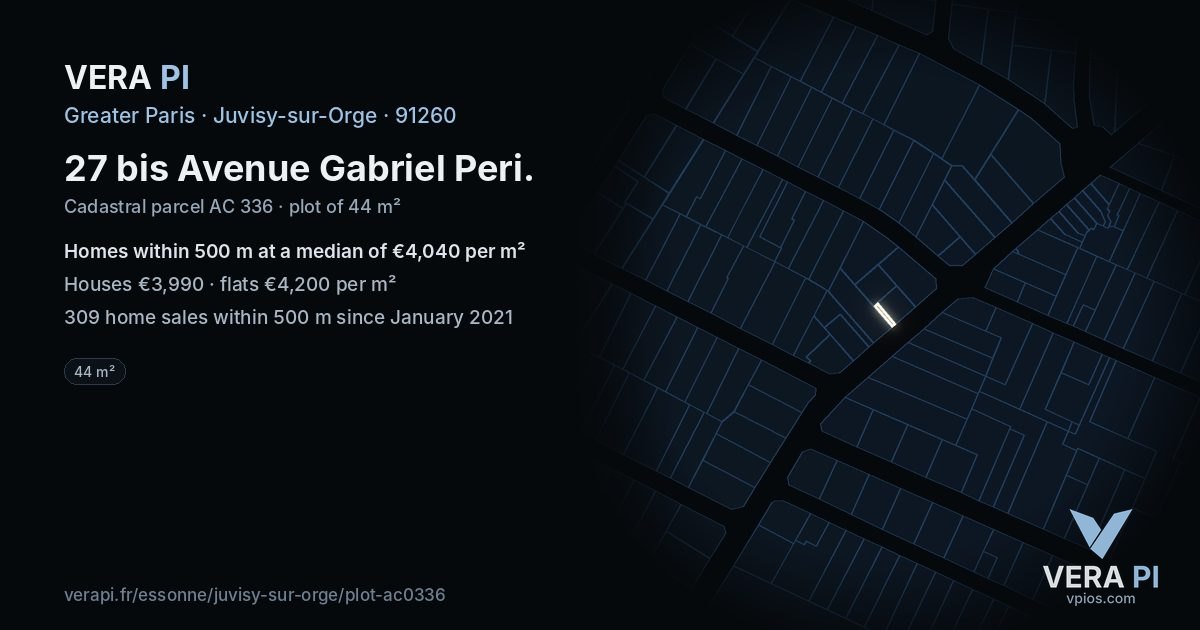 27 bis Avenue Gabriel Peri, Juvisy-sur-Orge at night – the plot lit, the parcels around coloured by the prices near them