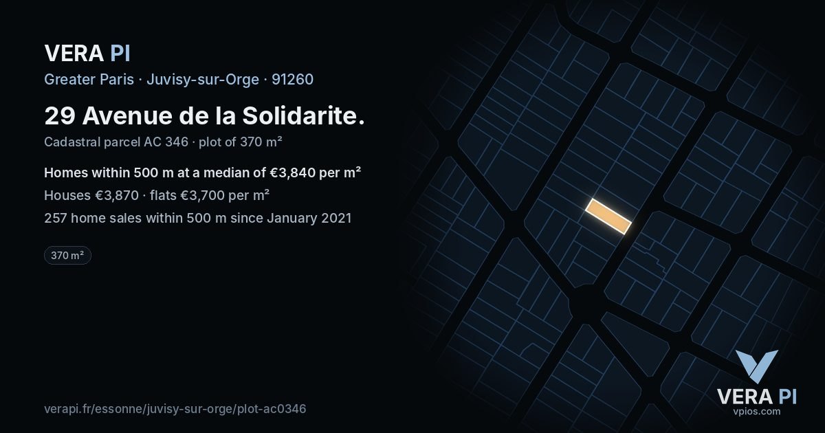 29 Avenue de la Solidarite, Juvisy-sur-Orge at night – the plot lit, the parcels around coloured by the prices near them