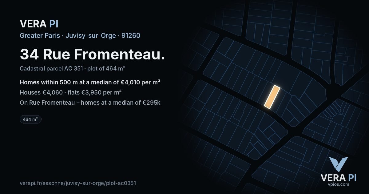 34 Rue Fromenteau, Juvisy-sur-Orge at night – the plot lit, the parcels around coloured by the prices near them