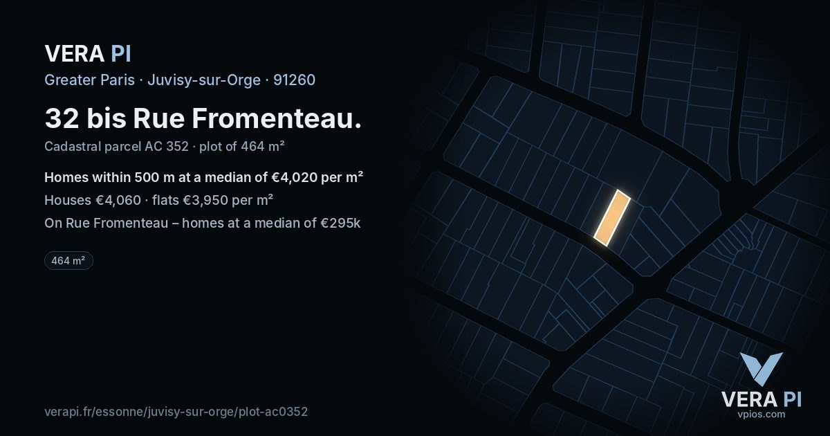 32 bis Rue Fromenteau, Juvisy-sur-Orge at night – the plot lit, the parcels around coloured by the prices near them
