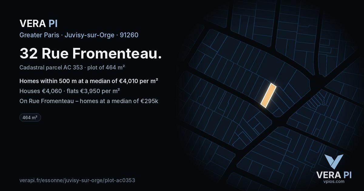 32 Rue Fromenteau, Juvisy-sur-Orge at night – the plot lit, the parcels around coloured by the prices near them