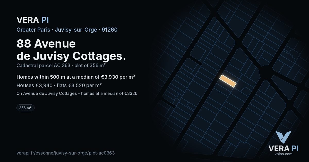88 Avenue de Juvisy Cottages, Juvisy-sur-Orge at night – the plot lit, the parcels around coloured by the prices near them