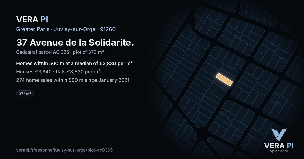 37 Avenue de la Solidarite, Juvisy-sur-Orge at night – the plot lit, the parcels around coloured by the prices near them