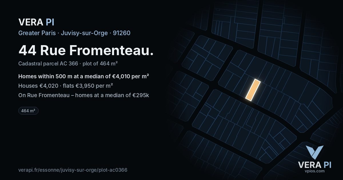 44 Rue Fromenteau, Juvisy-sur-Orge at night – the plot lit, the parcels around coloured by the prices near them