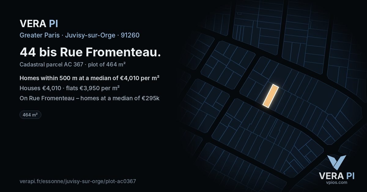 44 bis Rue Fromenteau, Juvisy-sur-Orge at night – the plot lit, the parcels around coloured by the prices near them
