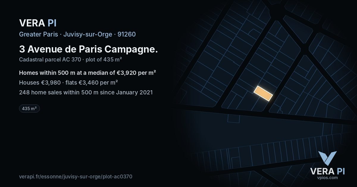 3 Avenue de Paris Campagne, Juvisy-sur-Orge at night – the plot lit, the parcels around coloured by the prices near them