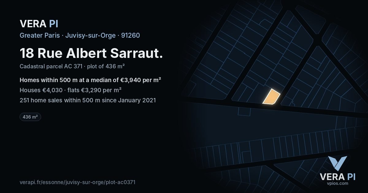 18 Rue Albert Sarraut, Juvisy-sur-Orge at night – the plot lit, the parcels around coloured by the prices near them