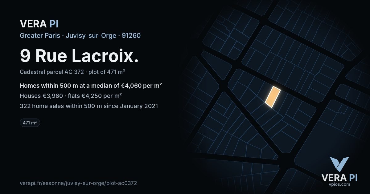 9 Rue Lacroix, Juvisy-sur-Orge at night – the plot lit, the parcels around coloured by the prices near them
