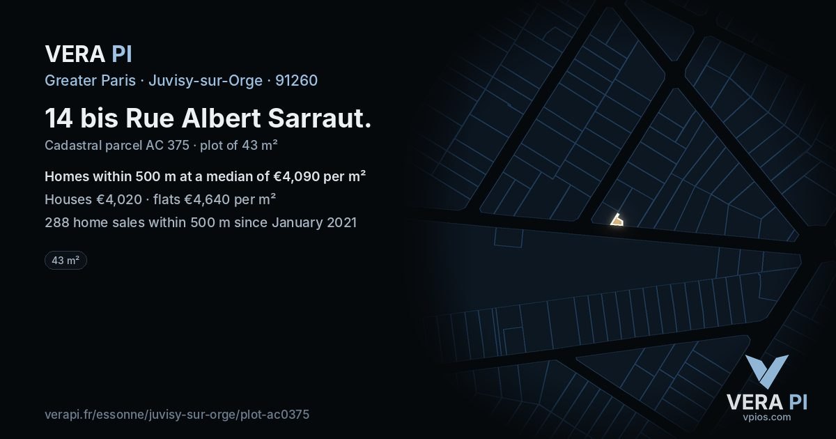 14 bis Rue Albert Sarraut, Juvisy-sur-Orge at night – the plot lit, the parcels around coloured by the prices near them