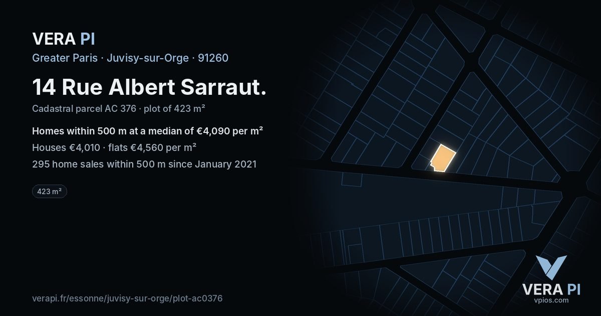 14 Rue Albert Sarraut, Juvisy-sur-Orge at night – the plot lit, the parcels around coloured by the prices near them
