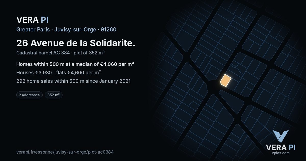 26 Avenue de la Solidarite, Juvisy-sur-Orge at night – the plot lit, the parcels around coloured by the prices near them