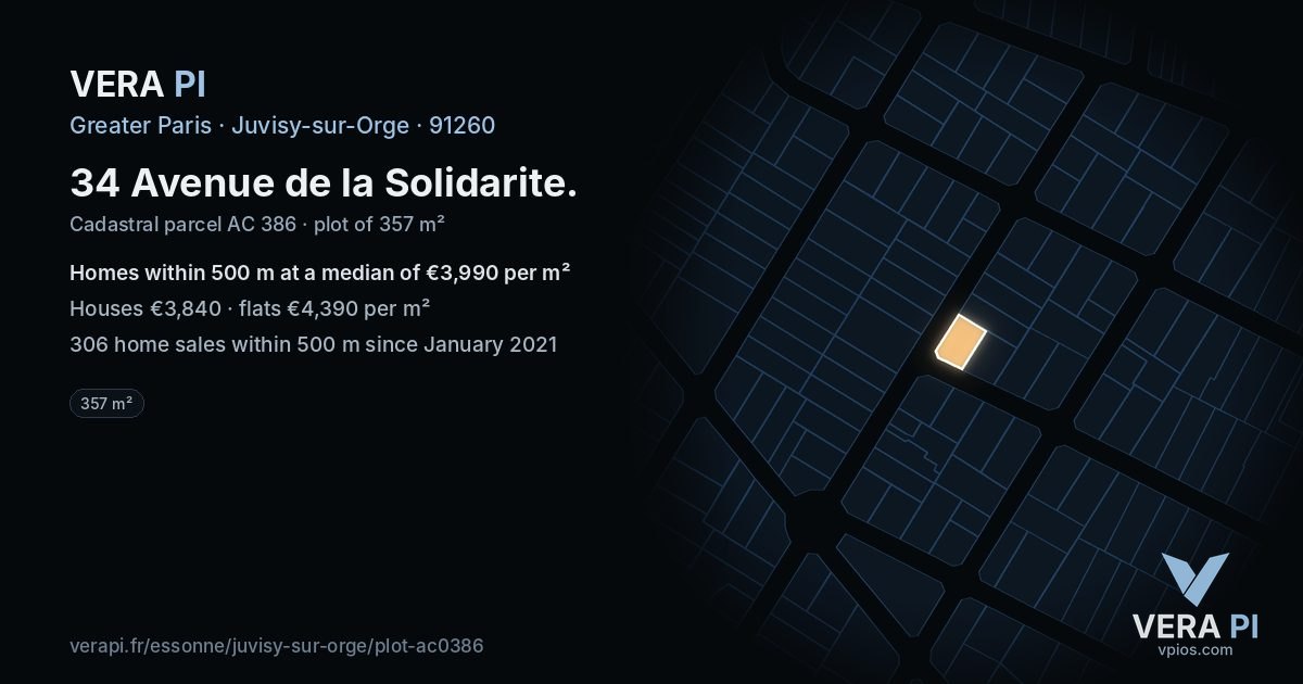 34 Avenue de la Solidarite, Juvisy-sur-Orge at night – the plot lit, the parcels around coloured by the prices near them