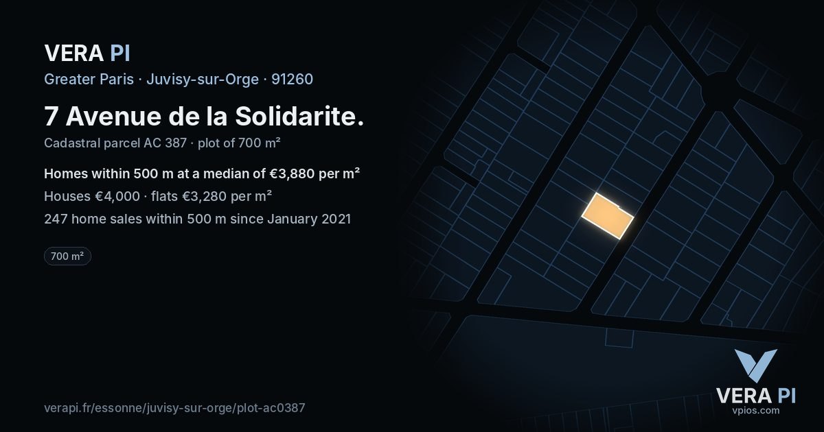 7 Avenue de la Solidarite, Juvisy-sur-Orge at night – the plot lit, the parcels around coloured by the prices near them