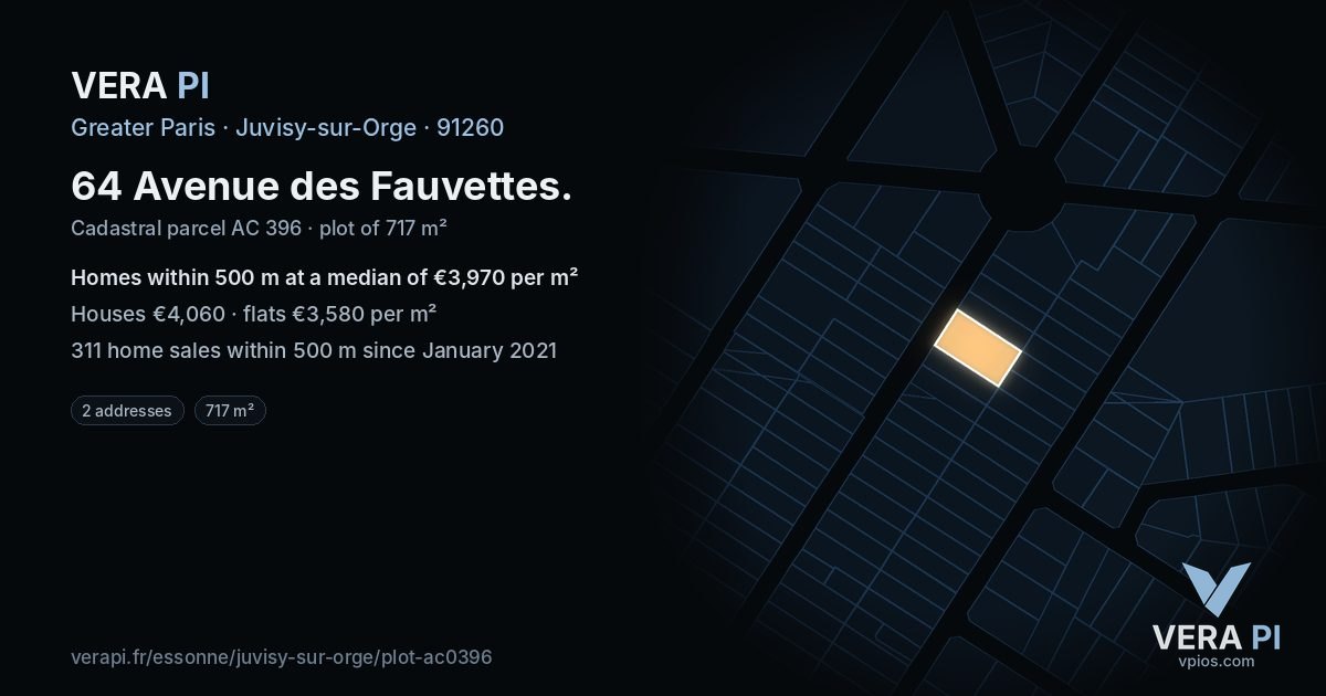 64 Avenue des Fauvettes, Juvisy-sur-Orge at night – the plot lit, the parcels around coloured by the prices near them
