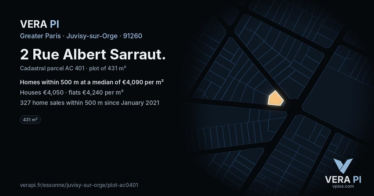 2 Rue Albert Sarraut, Juvisy-sur-Orge at night – the plot lit, the parcels around coloured by the prices near them