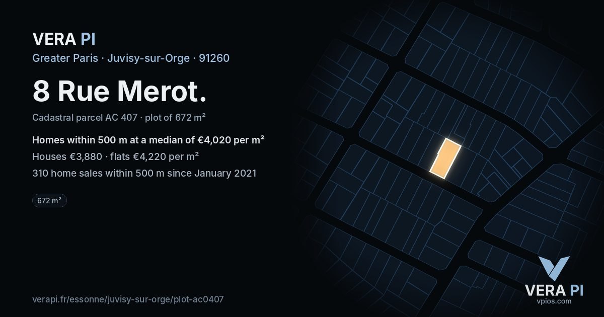 8 Rue Merot, Juvisy-sur-Orge at night – the plot lit, the parcels around coloured by the prices near them