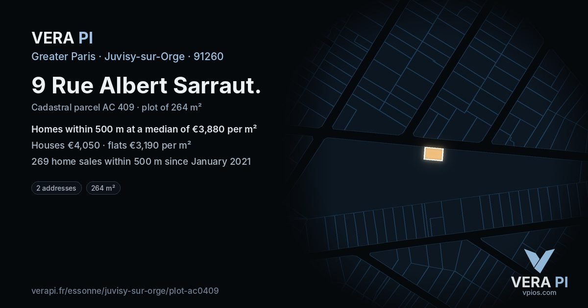 9 Rue Albert Sarraut, Juvisy-sur-Orge at night – the plot lit, the parcels around coloured by the prices near them