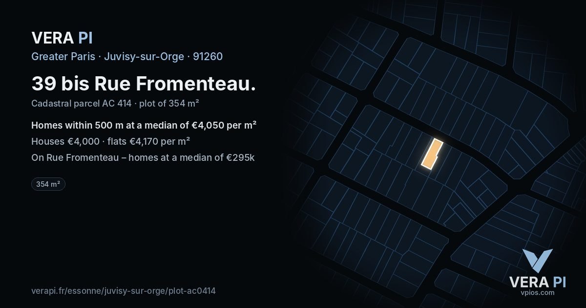 39 bis Rue Fromenteau, Juvisy-sur-Orge at night – the plot lit, the parcels around coloured by the prices near them