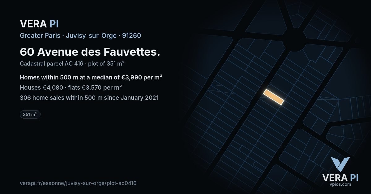 60 Avenue des Fauvettes, Juvisy-sur-Orge at night – the plot lit, the parcels around coloured by the prices near them