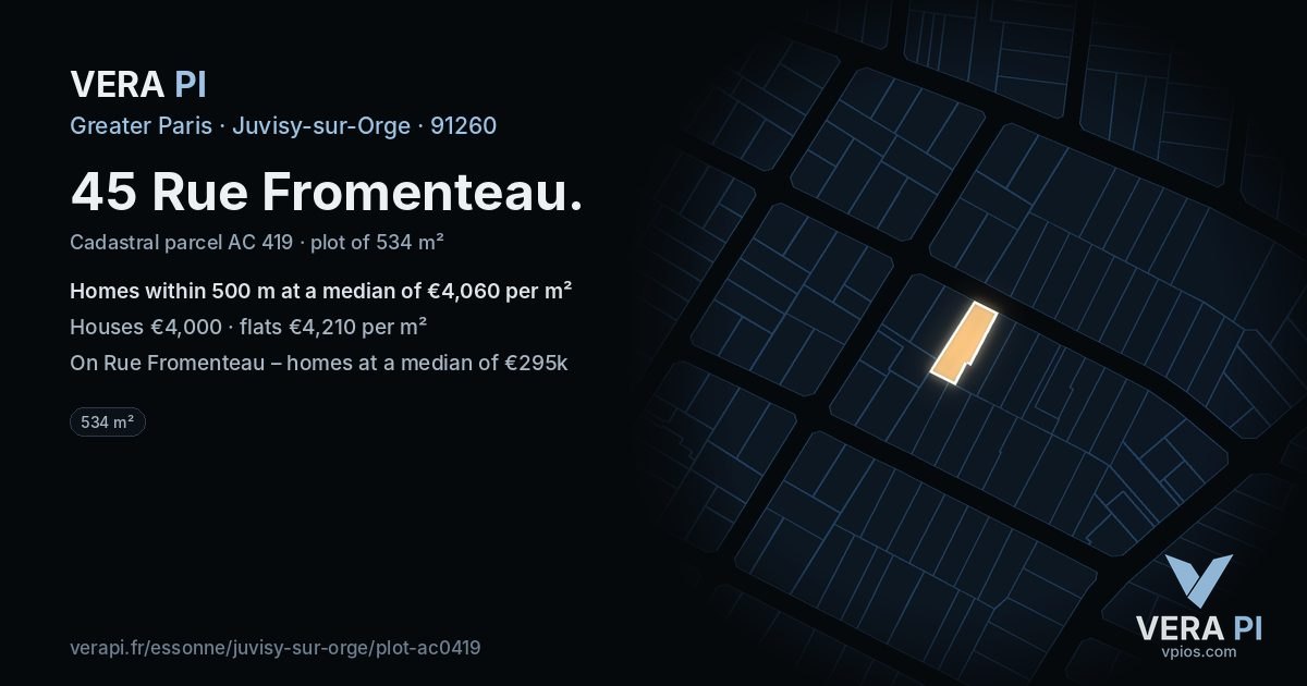 45 Rue Fromenteau, Juvisy-sur-Orge at night – the plot lit, the parcels around coloured by the prices near them