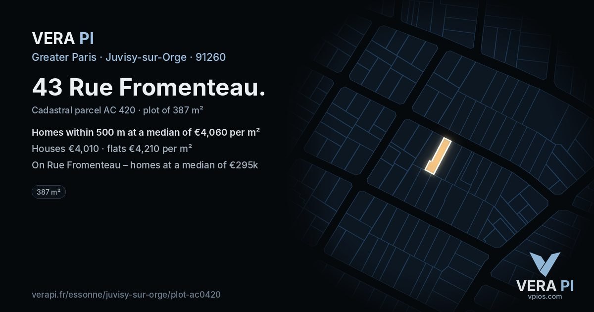 43 Rue Fromenteau, Juvisy-sur-Orge at night – the plot lit, the parcels around coloured by the prices near them