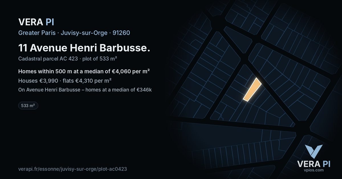 11 Avenue Henri Barbusse, Juvisy-sur-Orge at night – the plot lit, the parcels around coloured by the prices near them