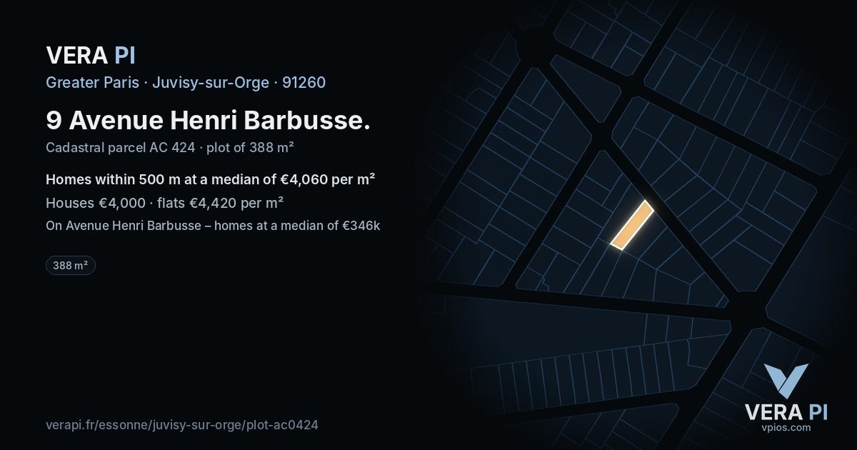 9 Avenue Henri Barbusse, Juvisy-sur-Orge at night – the plot lit, the parcels around coloured by the prices near them