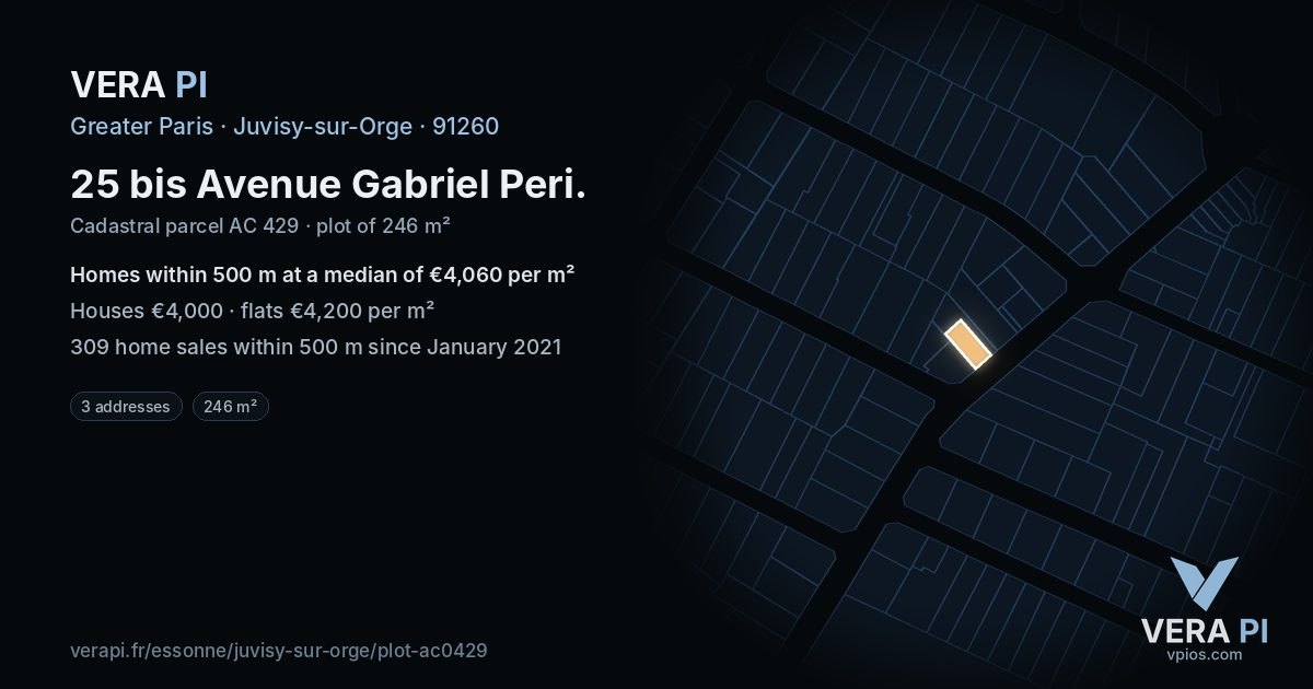 25 bis Avenue Gabriel Peri, Juvisy-sur-Orge at night – the plot lit, the parcels around coloured by the prices near them