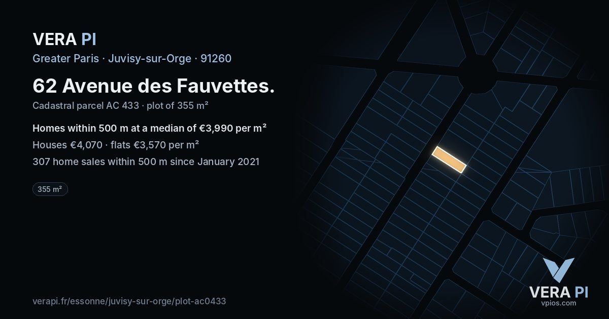 62 Avenue des Fauvettes, Juvisy-sur-Orge at night – the plot lit, the parcels around coloured by the prices near them