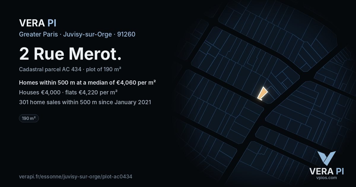 2 Rue Merot, Juvisy-sur-Orge at night – the plot lit, the parcels around coloured by the prices near them