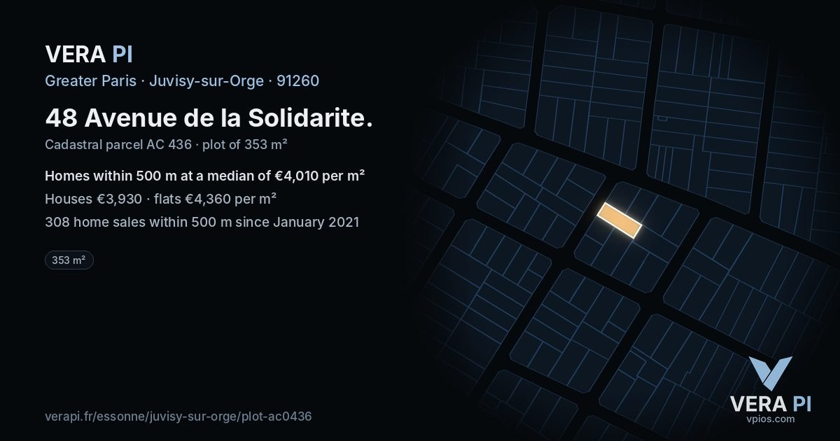 48 Avenue de la Solidarite, Juvisy-sur-Orge at night – the plot lit, the parcels around coloured by the prices near them