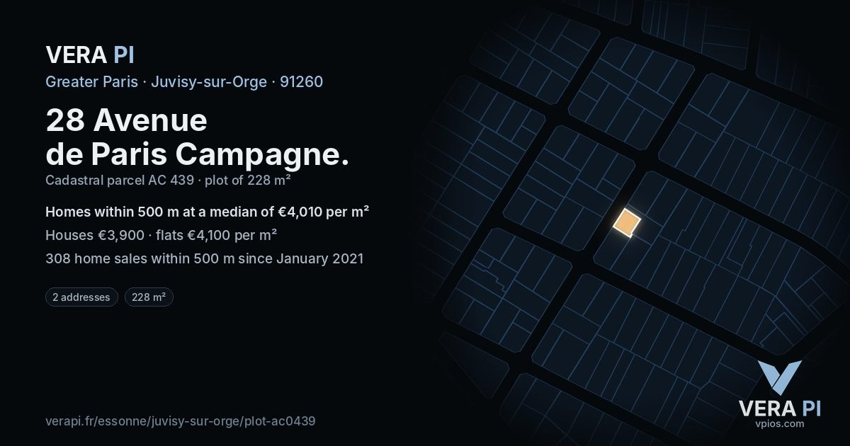 28 Avenue de Paris Campagne, Juvisy-sur-Orge at night – the plot lit, the parcels around coloured by the prices near them