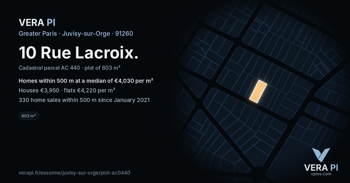 10 Rue Lacroix, Juvisy-sur-Orge at night – the plot lit, the parcels around coloured by the prices near them