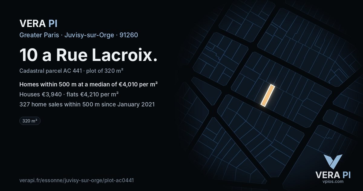 10 a Rue Lacroix, Juvisy-sur-Orge at night – the plot lit, the parcels around coloured by the prices near them