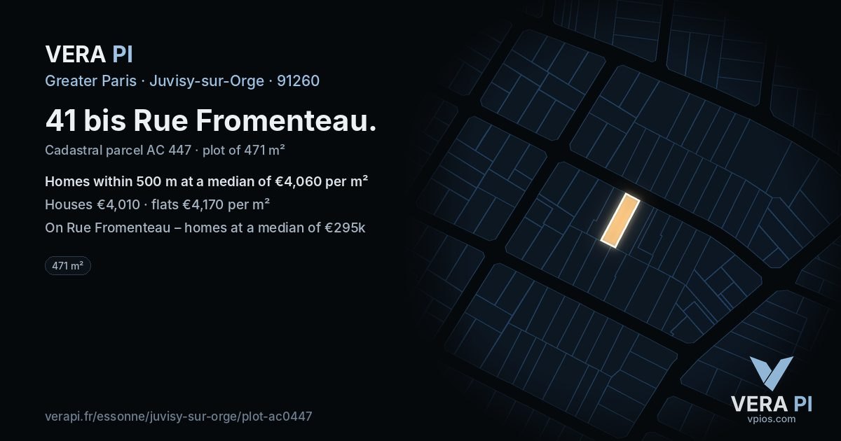 41 bis Rue Fromenteau, Juvisy-sur-Orge at night – the plot lit, the parcels around coloured by the prices near them