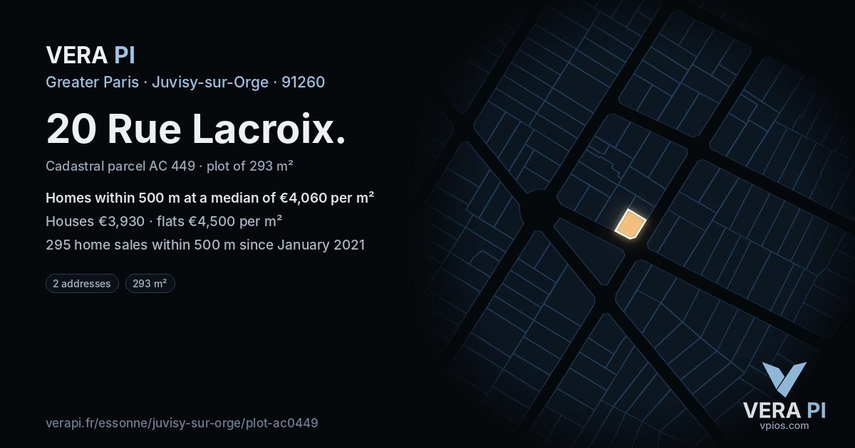 20 Rue Lacroix, Juvisy-sur-Orge at night – the plot lit, the parcels around coloured by the prices near them