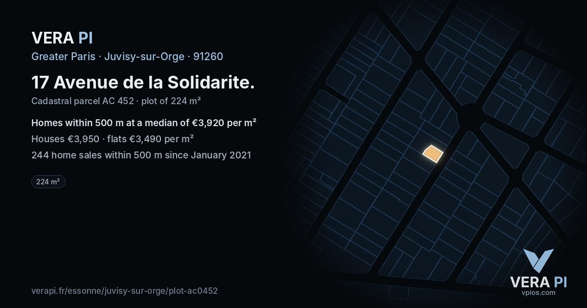 17 Avenue de la Solidarite, Juvisy-sur-Orge at night – the plot lit, the parcels around coloured by the prices near them