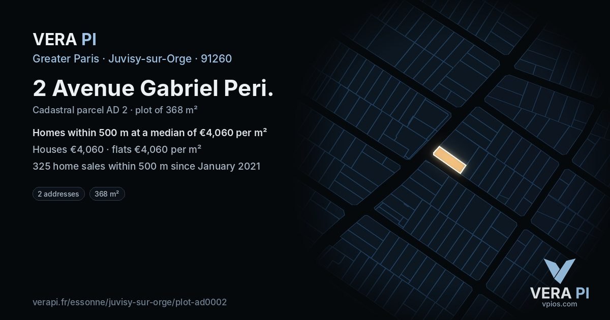 2 Avenue Gabriel Peri, Juvisy-sur-Orge at night – the plot lit, the parcels around coloured by the prices near them