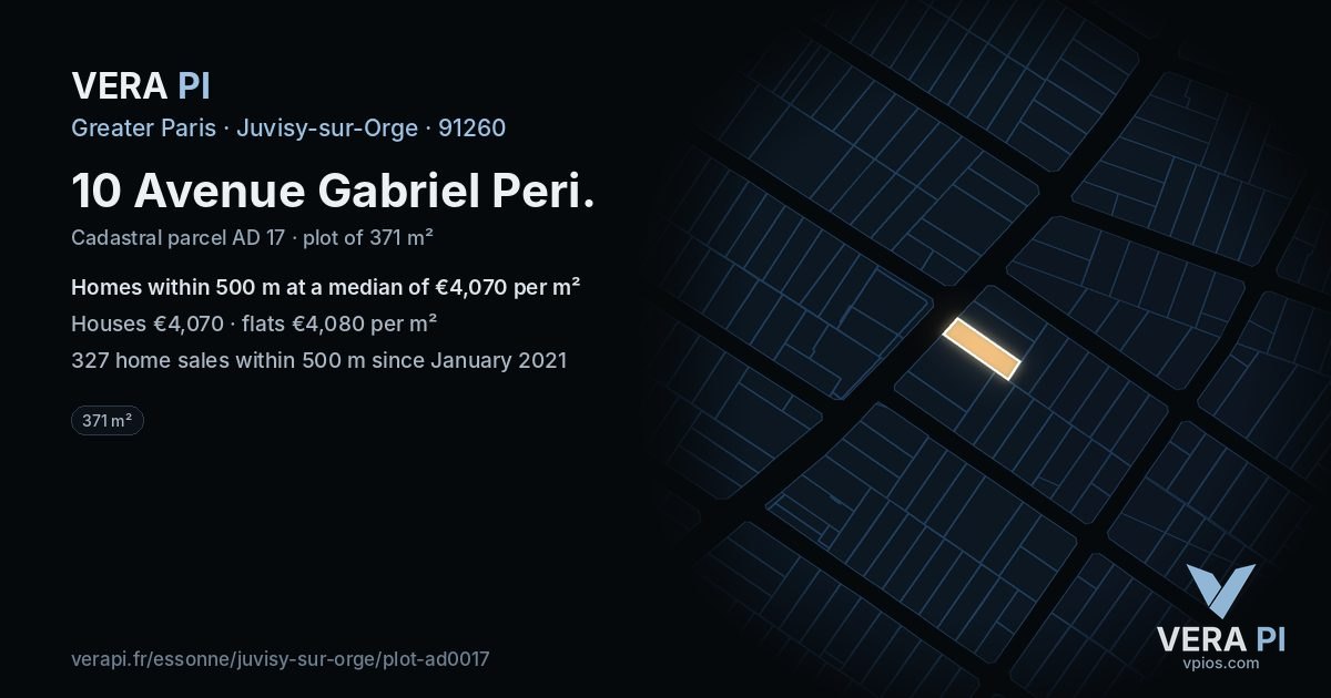 10 Avenue Gabriel Peri, Juvisy-sur-Orge at night – the plot lit, the parcels around coloured by the prices near them