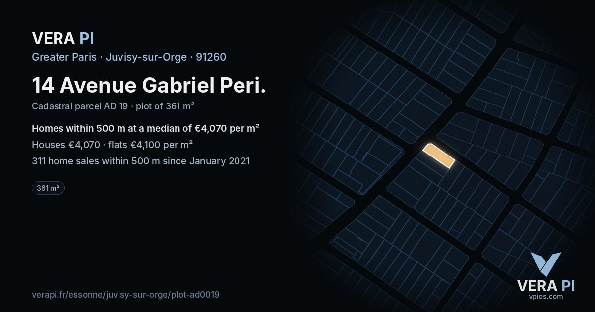14 Avenue Gabriel Peri, Juvisy-sur-Orge at night – the plot lit, the parcels around coloured by the prices near them