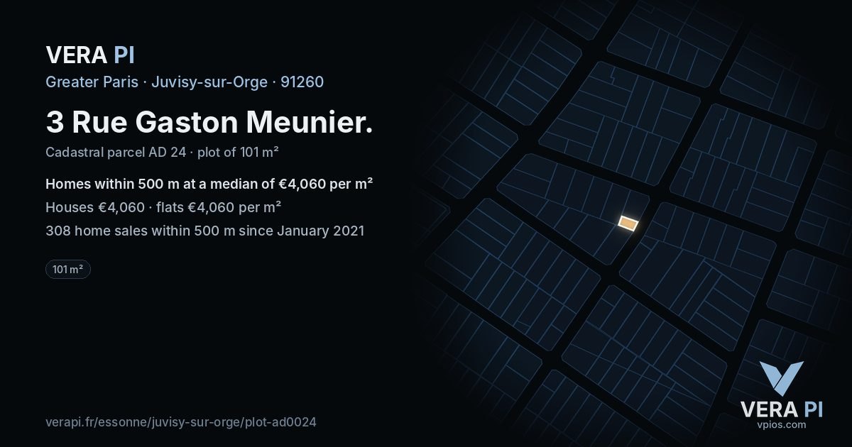 3 Rue Gaston Meunier, Juvisy-sur-Orge at night – the plot lit, the parcels around coloured by the prices near them