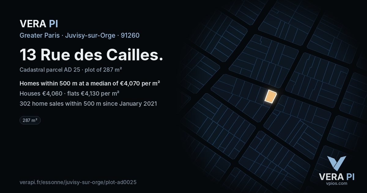 13 Rue des Cailles, Juvisy-sur-Orge at night – the plot lit, the parcels around coloured by the prices near them