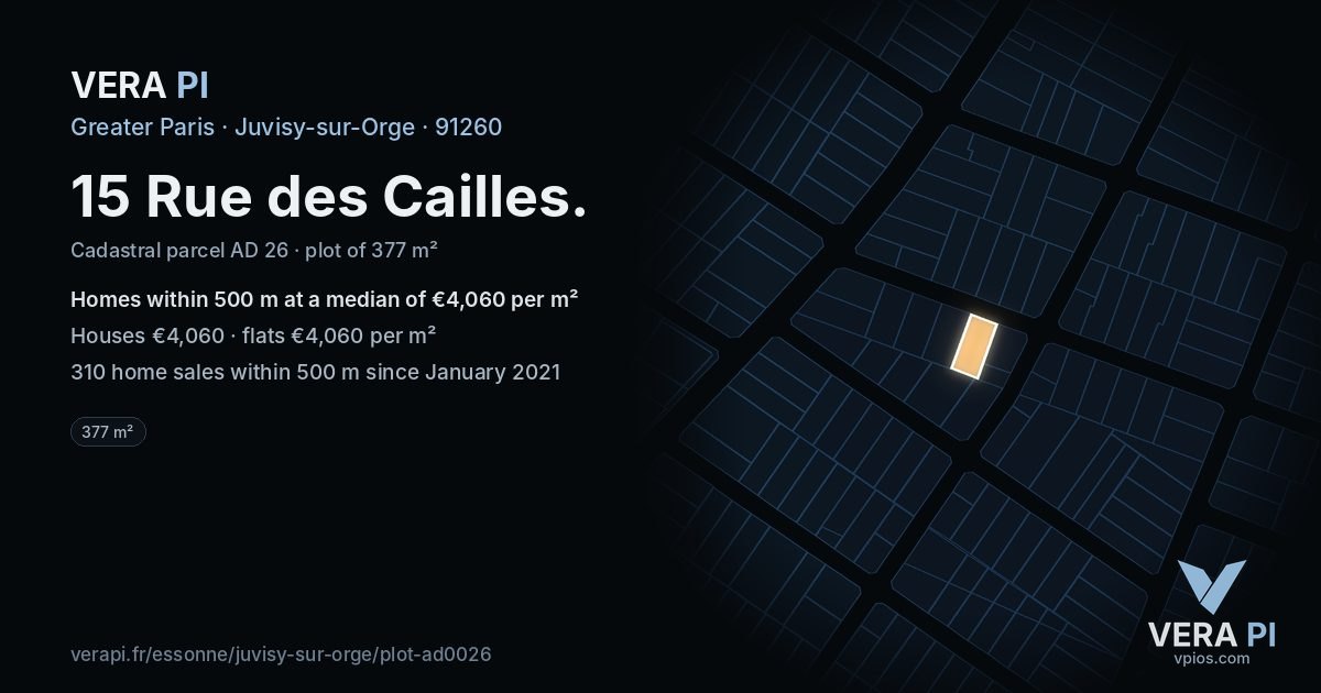 15 Rue des Cailles, Juvisy-sur-Orge at night – the plot lit, the parcels around coloured by the prices near them