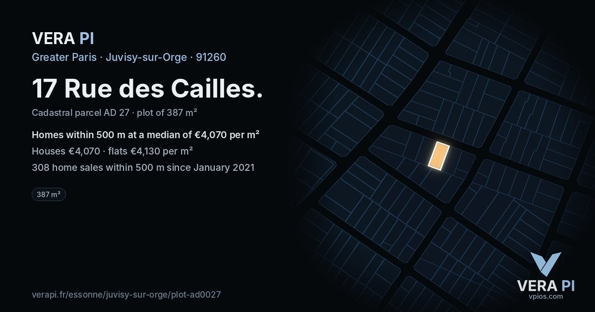 17 Rue des Cailles, Juvisy-sur-Orge at night – the plot lit, the parcels around coloured by the prices near them