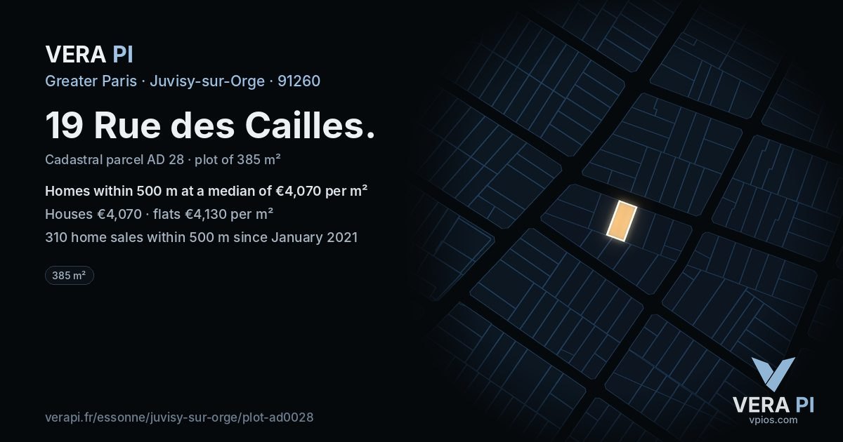 19 Rue des Cailles, Juvisy-sur-Orge at night – the plot lit, the parcels around coloured by the prices near them