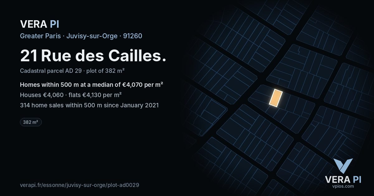 21 Rue des Cailles, Juvisy-sur-Orge at night – the plot lit, the parcels around coloured by the prices near them