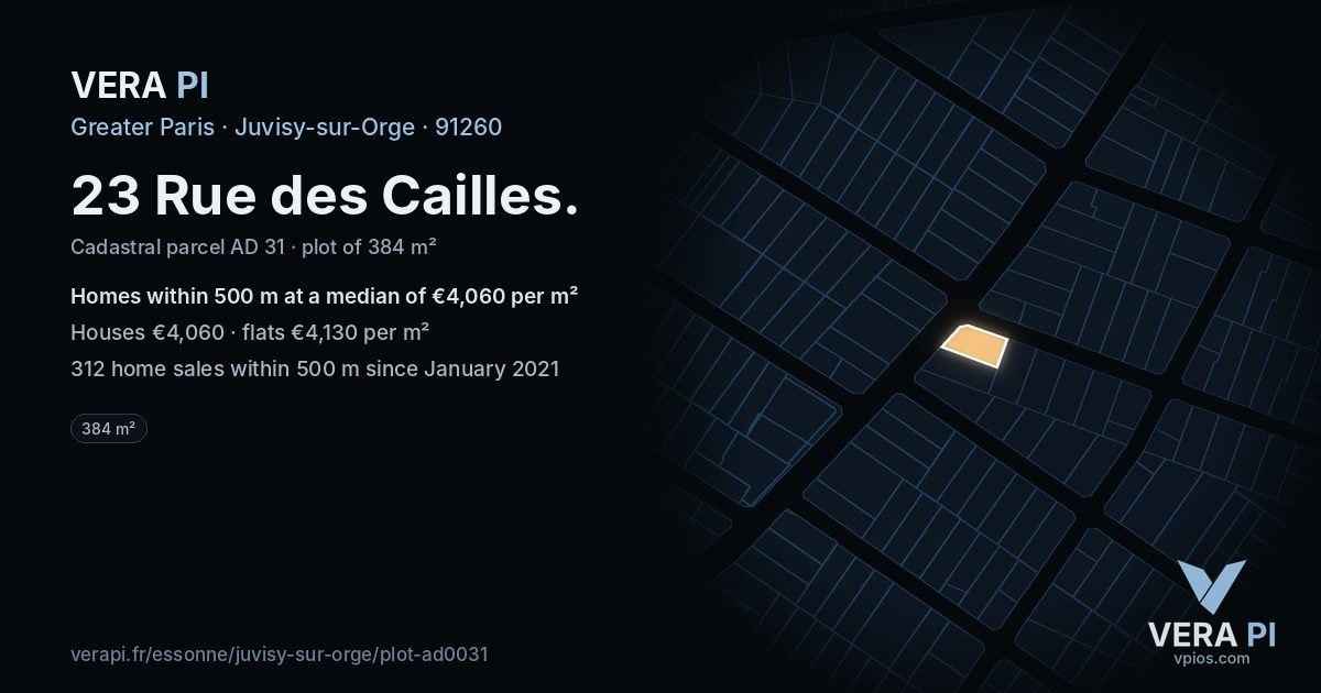23 Rue des Cailles, Juvisy-sur-Orge at night – the plot lit, the parcels around coloured by the prices near them