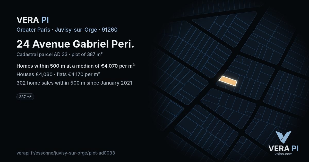 24 Avenue Gabriel Peri, Juvisy-sur-Orge at night – the plot lit, the parcels around coloured by the prices near them